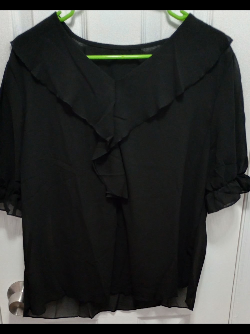 Women’s Sheer Black Ruffle See Thur V-Neck Blouse, New